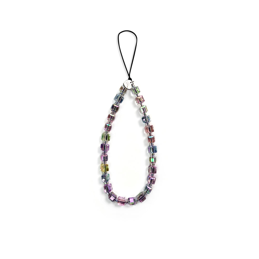 Aura Hatossa Phone charm placed against a plain white background. the beads are iridescent, different light colours.