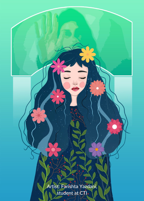 Digital image of a girl with flowers on it, and in the background there is a symbolism of a woman holding her hand up. Art was created by a student at Code to Inspire, her name is Farishta Yazdani.
