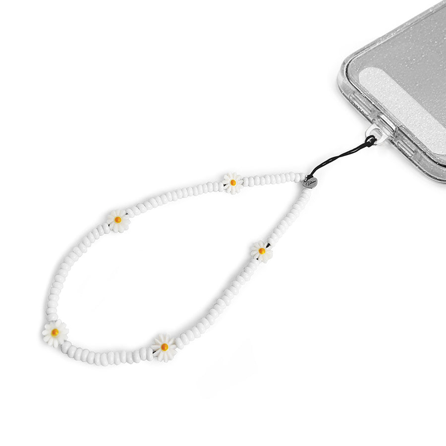 Daisy phone charm, white phone charm with daisy flower beads. gift for girls.