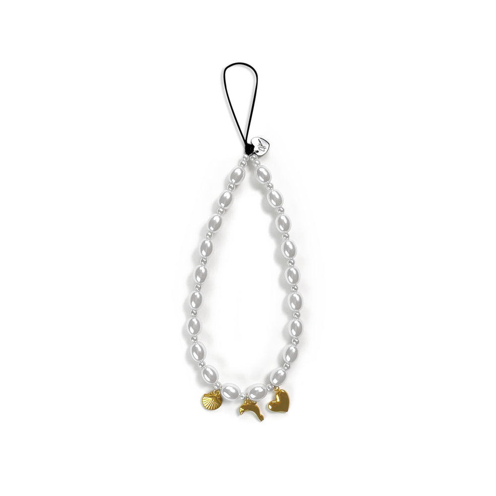 Ocean Hatossa Phone Charm with pearly beads and 3 gold pendants (seashell, dolphin and a heart)