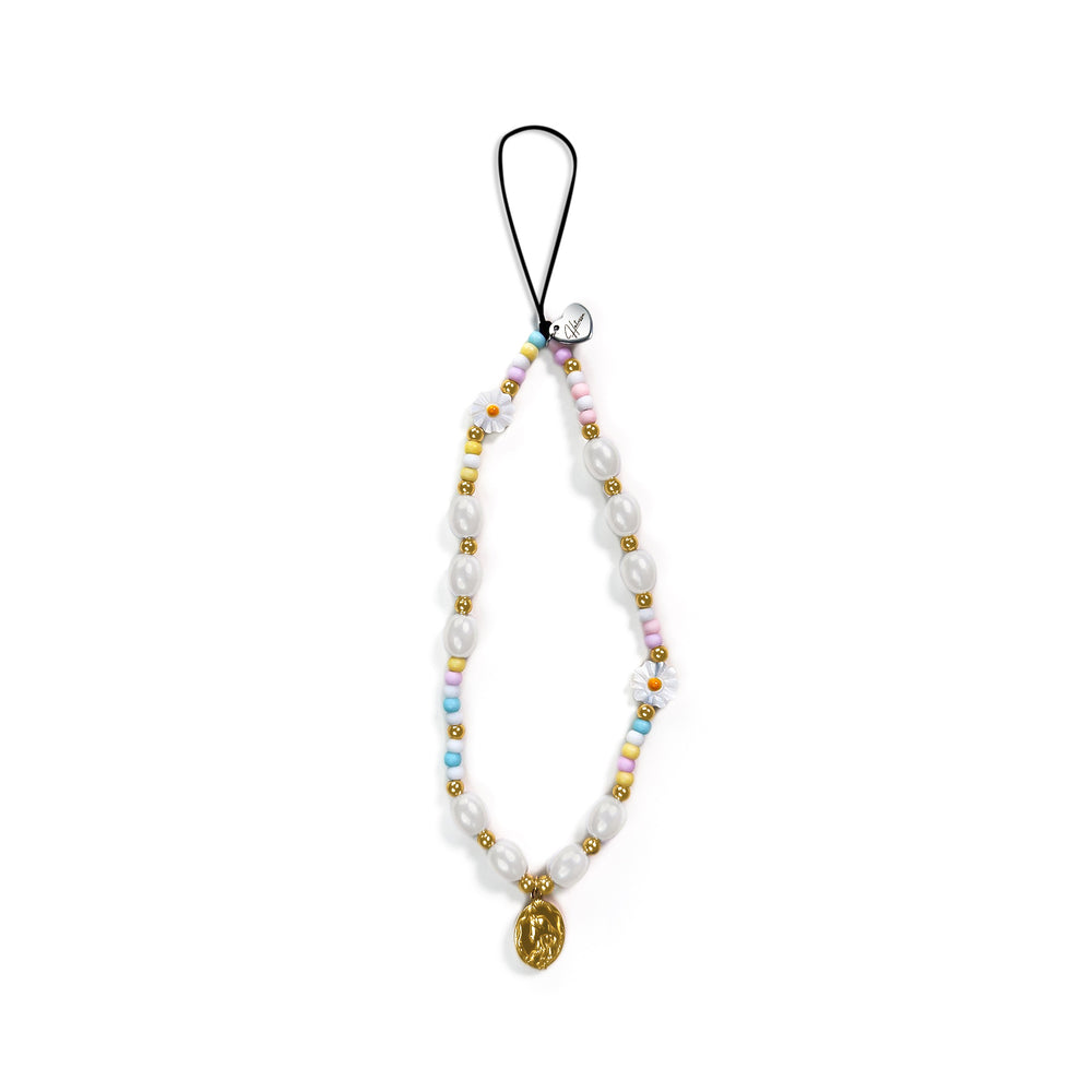 Hatossa Treasure Phone charm - a mix of pastel, pearly, gold, flower beads with a mermaid pendant attached to the bottom.